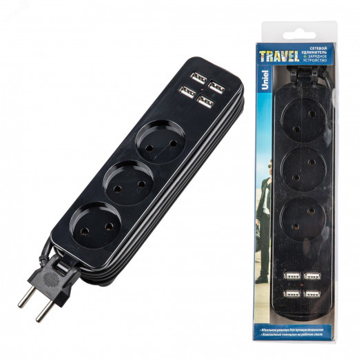 Удлинитель серии Travel шнур 1,8м 3 гнездa 10A без зазамления 4USB 3,1A  Черный ТМ UnielS-CT3-1,8U BLACK