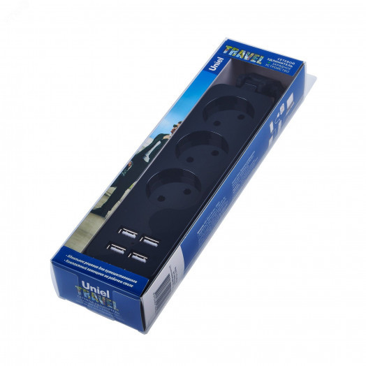 Удлинитель серии Travel шнур 1,8м 3 гнездa 10A без зазамления 4USB 3,1A  Черный ТМ UnielS-CT3-1,8U BLACK