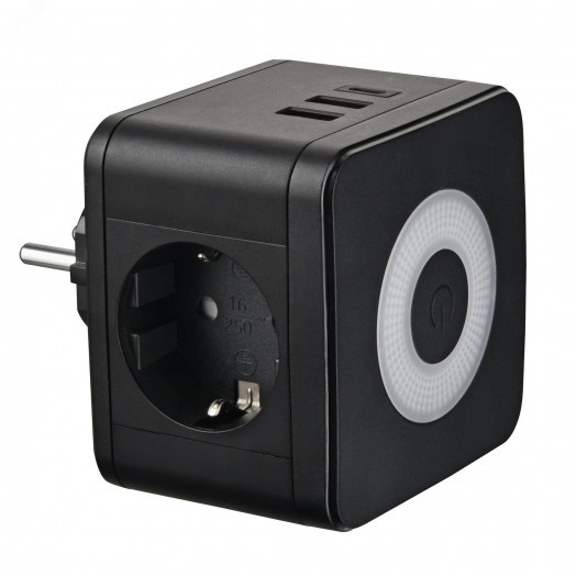 Разветвитель сетевой с выключателем с заземлением  2 гнезда 2USB+1TYPE C 16А 3500Вт Черный ТМ UnielS-GES2-16SBUC BLACK