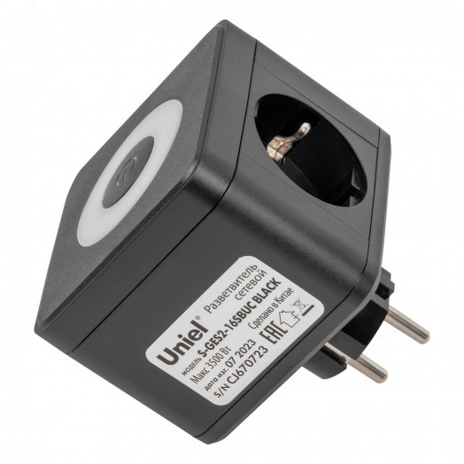 Разветвитель сетевой с выключателем с заземлением  2 гнезда 2USB+1TYPE C 16А 3500Вт Черный ТМ UnielS-GES2-16SBUC BLACK
