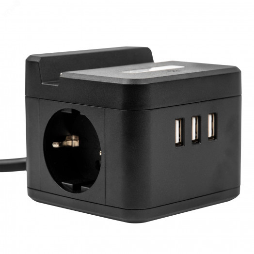 Удлинитель серии Standard с заземлением шнур 1,5м 2 гнезда 3 USB 16А держатель для телефона Черный ТМ Uniel S-GCD2-1,5SBUH BLACK