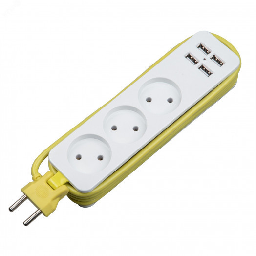 Удлинитель серии Travel шнур 1,8м 3 гнездa 10A без зазамления 4USB 3,1A  Белый с салатовым ТМ Uniel S-CT3-1,8U WHITE/GREEN