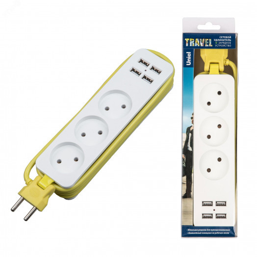 Удлинитель серии Travel шнур 1,8м 3 гнездa 10A без зазамления 4USB 3,1A  Белый с салатовым ТМ Uniel S-CT3-1,8U WHITE/GREEN