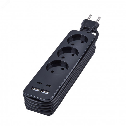 Удлинитель серии Travel шнур 1,8м 3 гнездa 10A без заземления 2USB+2TYPE C 3,1A  Черный ТМ Uniel S-CT3-1,8UC BLACK