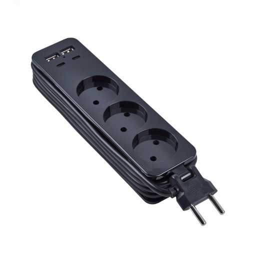 Удлинитель серии Travel шнур 1,8м 3 гнездa 10A без заземления 2USB+2TYPE C 3,1A  Черный ТМ Uniel S-CT3-1,8UC BLACK