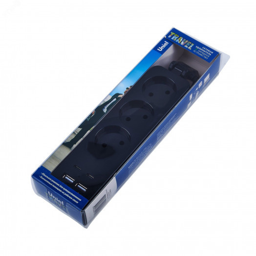 Удлинитель серии Travel шнур 1,8м 3 гнездa 10A без заземления 2USB+2TYPE C 3,1A  Черный ТМ Uniel S-CT3-1,8UC BLACK