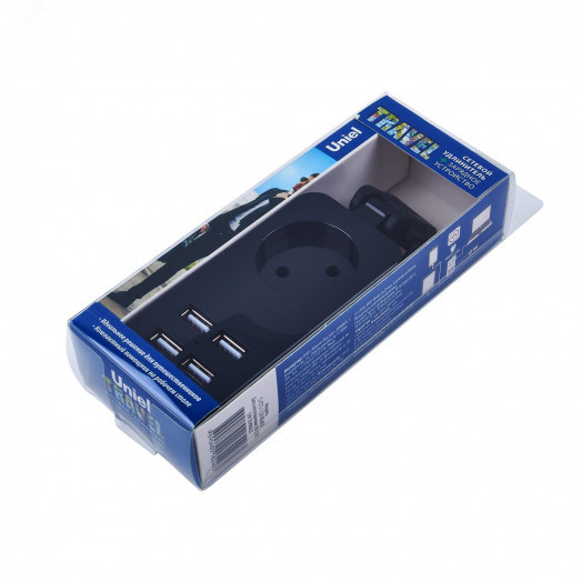 Удлинитель серии Travel шнур 1,5м 1 гнездо 10A без заземления 4USB 2,1A Черный ТМ Uniel S-CT1-1,5U BLACK