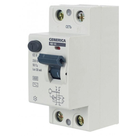 Выключатель дифференциального тока (УЗО) 2п 63А 30мА тип AC ВД1-63 GENERICA MDV15-2-063-030