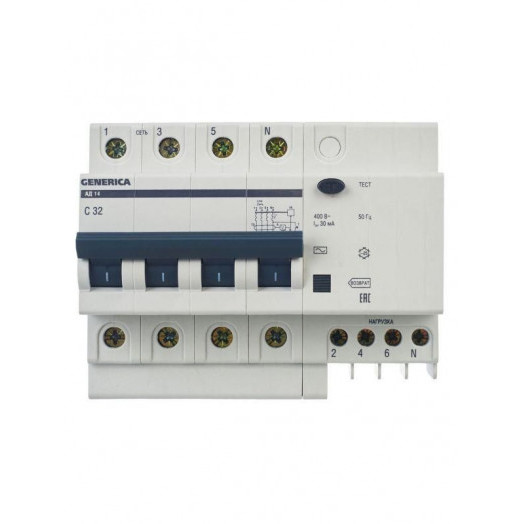Выключатель автоматический дифференциального тока 4п 32А 30мА АД14 GENERICA MAD15-4-032-C-030