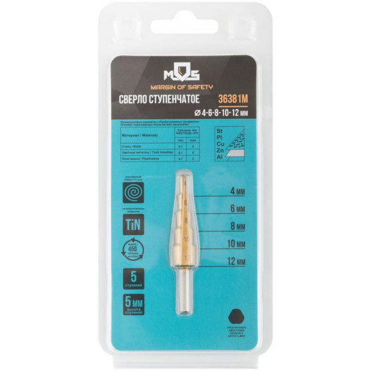 Сверло ступенчатое HSS по металлу 5 ступеней 4-12мм MOS 36381М