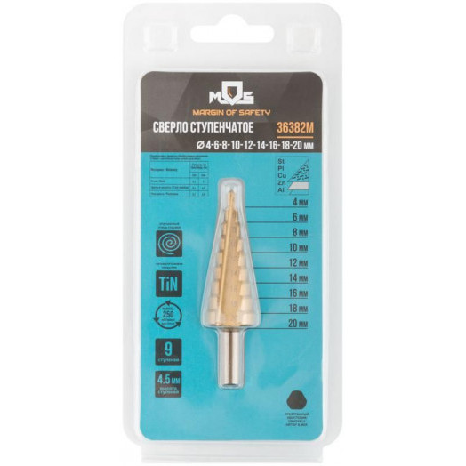 Сверло ступенчатое HSS по металлу 9 ступеней 4-20мм MOS 36382М