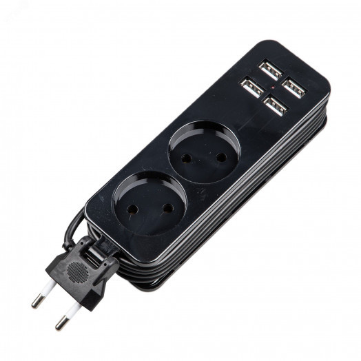 Удлинитель серии Travel шнур 1,5м 2 гнездa 10A без заземления 4USB 2,1A Черный ТМ UnielS-CT2-1,5U BLACK