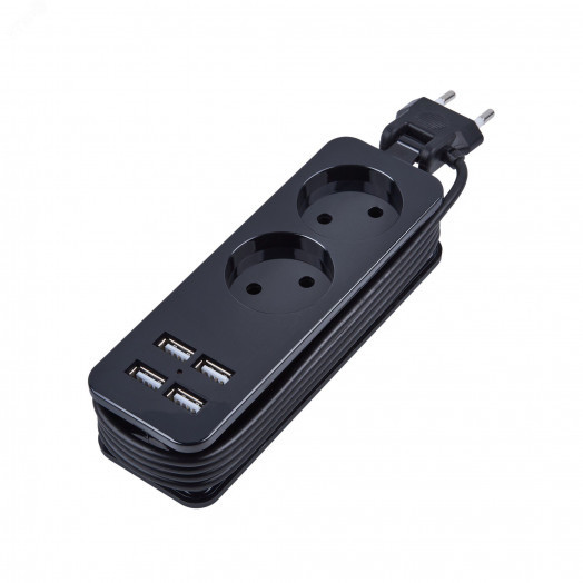 Удлинитель серии Travel шнур 1,5м 2 гнездa 10A без заземления 4USB 2,1A Черный ТМ UnielS-CT2-1,5U BLACK