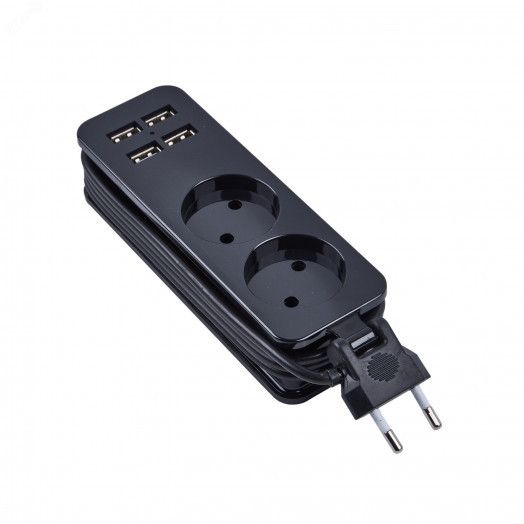 Удлинитель серии Travel шнур 1,5м 2 гнездa 10A без заземления 4USB 2,1A Черный ТМ UnielS-CT2-1,5U BLACK
