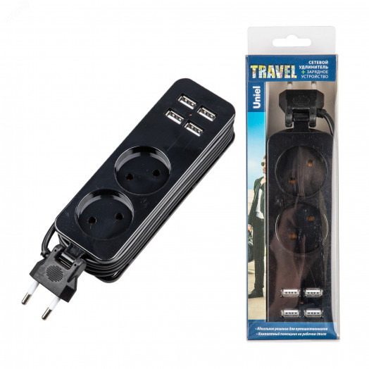 Удлинитель серии Travel шнур 1,5м 2 гнездa 10A без заземления 4USB 2,1A Черный ТМ UnielS-CT2-1,5U BLACK