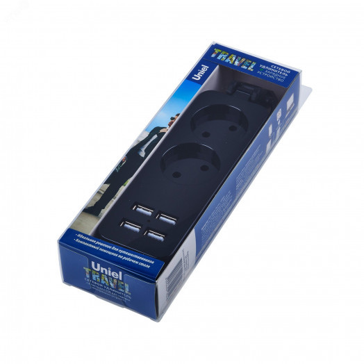 Удлинитель серии Travel шнур 1,5м 2 гнездa 10A без заземления 4USB 2,1A Черный ТМ UnielS-CT2-1,5U BLACK