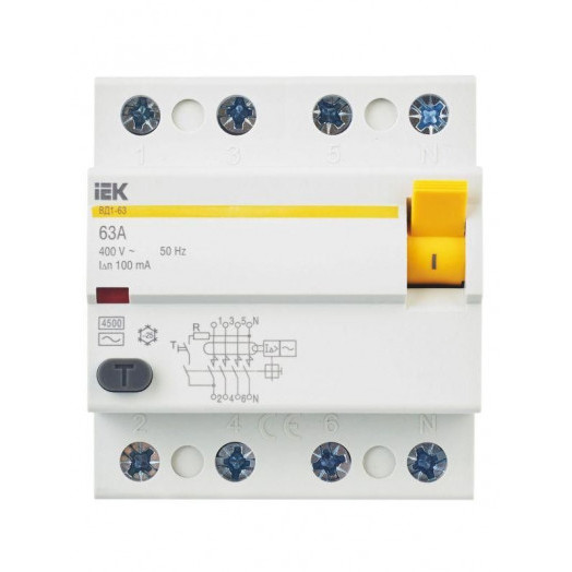 Выключатель дифференциального тока (УЗО) 4п 63А 100мА тип AC ВД1-63 KARAT IEK MDV10-4-063-100 Выключатель дифференциального тока (УЗО) 4п 63А 100мА тип AC ВД1-63 KARAT IEK MDV10-4-063-100