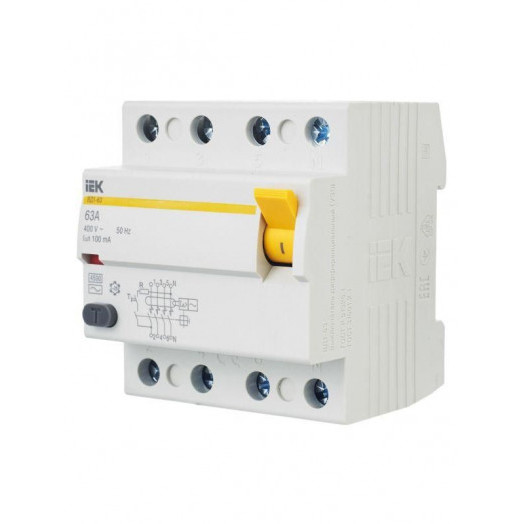 Выключатель дифференциального тока (УЗО) 4п 63А 100мА тип AC ВД1-63 KARAT IEK MDV10-4-063-100 Выключатель дифференциального тока (УЗО) 4п 63А 100мА тип AC ВД1-63 KARAT IEK MDV10-4-063-100
