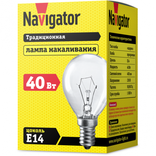 Лампа накаливания 94 314 NI-C-40-230-E14-CL (КНР) Navigator 94314