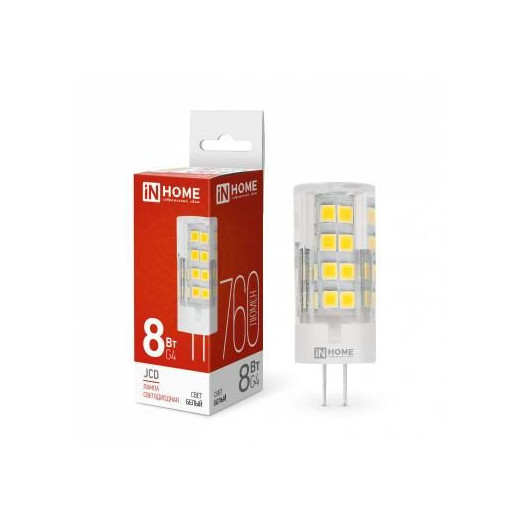 Лампа светодиодная LED-JCD 8Вт капсульная прозрачная 4000К нейтр. бел. G4 760лм 230В IN HOME 4690612036205
