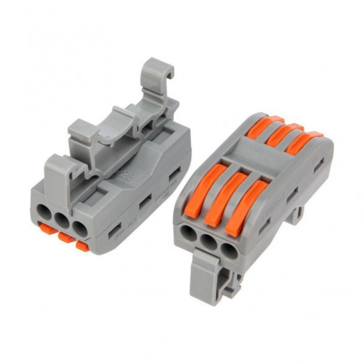 Клемма строительно-монтажная СМК 222-423D 3п проходная с креплением на DIN-рейку 0.08-4кв.мм сер. (уп.5шт) Rexant 07-5238-05