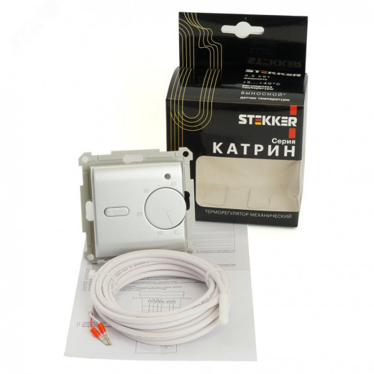 Терморегулятор механический для теплого пола (механизм) 250В 3500Вт серия Катрин серебро STEKKER