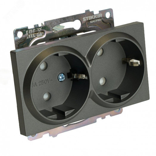 Розетка двухместная с защитной шторкой с/з (механизм) 250В 16А серия Катрин графит STEKKER