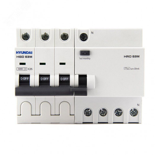 Дифференциальный автомат HRO63M 3NG4C0000C 00025G 3 полюса + нейтр., 25A ток, к.з. 6kA,30mA