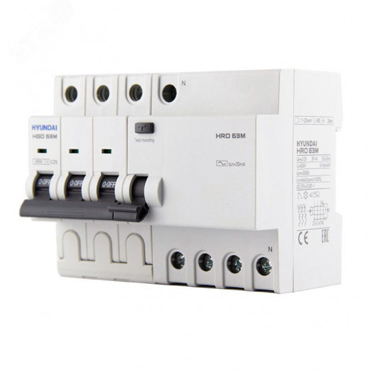 Дифференциальный автомат HRO63M 3NG4C0000C 00025G 3 полюса + нейтр., 25A ток, к.з. 6kA,30mA