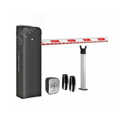 Комплект шлагбаума со стрелой 4 м, интенсивность 70 %, время открывания 6 сек., 220 В, 300 Вт, IP54, -40…+55 град.C. В комплекте: тумба Barrier-PRO со встроенной сигнальной лампой и приемником, стрела BOOM-4, опора стрелы V-HOLDER, ключ-кнопка K