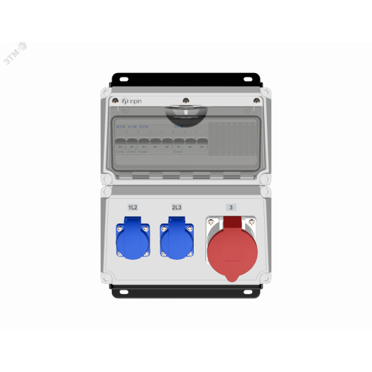 Комбинация розеток INPIN 1602024, вход М 40,      клеммы, защита на входе авт.выкл. 63А/3p, защита  на выходе 32A/3p - 1шт., 25А/2p - 1 шт. Розетки   1xCEE32A5p, 2хschuko, IP44
