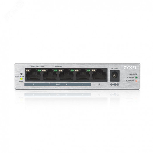 Коммутатор неуправляемый PoE+ 5 портов GE RJ-45 10/100/1000 Мб/с 4xPoE+, 60 Вт