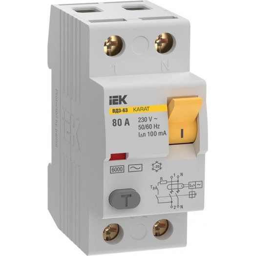 Выключатель дифференциального тока (УЗО) 2п 80А 100мА 6кА тип AC ВД3-63 KARAT IEK MDV20-2-080-100