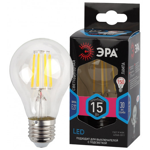 Лампа светодиодная F-LED A60-15W-840-E27  (филамент, груша, 15Вт, тепл, Е27) (10/100/1500) ЭРА