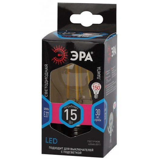 Лампа светодиодная F-LED A60-15W-840-E27  (филамент, груша, 15Вт, тепл, Е27) (10/100/1500) ЭРА