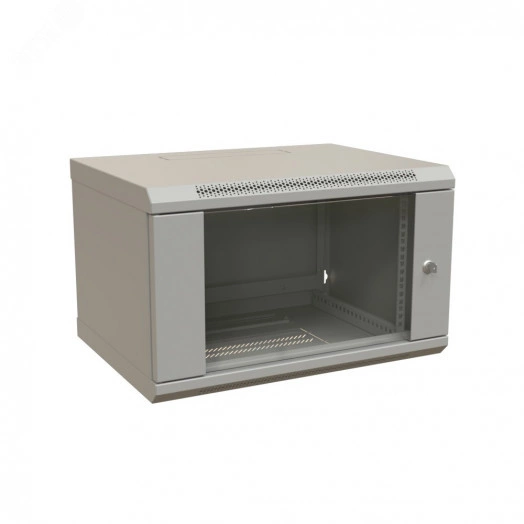 "Шкаф настенный 19-дюймовый 19"" 6U 367x600х600мм стеклянная дверь с перфорацией  ручка с замком  серый RAL 7035 WRline WR-TW-0666-GP-RAL7035"