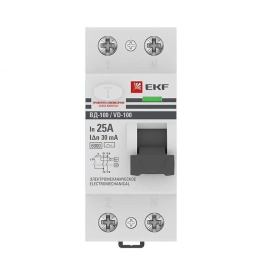 Выключатель дифференциального тока (УЗО) 2п 25А 30мА тип AC 6кА ВД-100 электромех. PROxima EKF elcb-2-6-25-30-em-pro