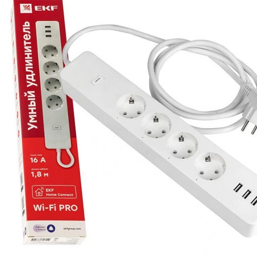 Удлинитель умный 4х1.8м 16А Connect PRO Wi-Fi 3хUSB с выкл. с управлением по Wi-Fi PROxima EKF RCE-2-WF