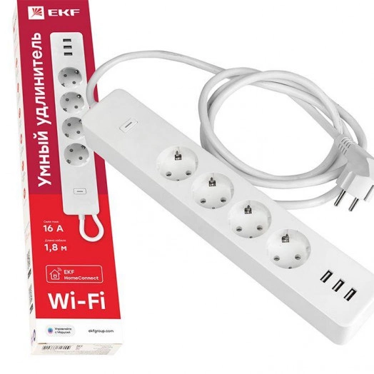 Удлинитель умный 4х1.8м 16А Connect Wi-Fi 3хUSB с выкл. с управлением по Wi-Fi PROxima EKF RCE-1-WF