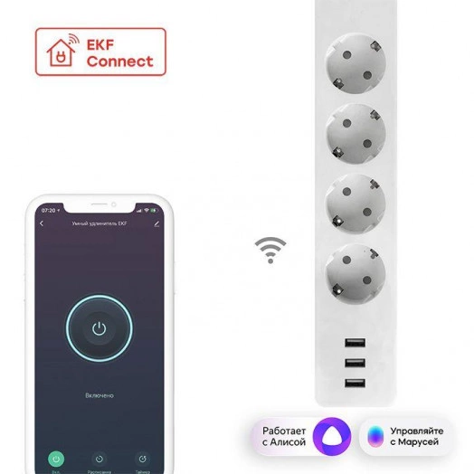 Удлинитель умный 4х1.8м 16А Connect Wi-Fi 3хUSB с выкл. с управлением по Wi-Fi PROxima EKF RCE-1-WF