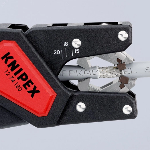 Стриппер автоматический для  маслостойкой и безгалогенной изоляции многожильного кабеля зачистка:  44 - 75 мм (AWG 19 - 13) рез кабеля: 25 мм L-175 мм для кабелей TPE-U PUR ПВХ резиновых (в тч H05) блистер KN-1274180SB