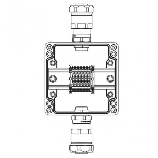 Корпус взрывозащищенный 120х120х90мм 1Exe IIC T5 Gb IP66Ex tb IIIB T95град.С Db Т5 40град.С кольца заземл. клеммы CBC.2-6шт ток А вводы сторона А: взрывозащ. кабел. ввод ANP под небронир. кабель в металлорукаве M2 GRP DKC 1231.031.19.02G