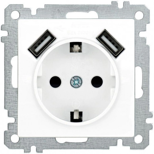 Розетка 1-м СП Bolero Рюш10-1-Б 16А IP20 с заземл. защ. шторки с 2-мя заряд. устройствами USB 2.1А механизм бел. IEK ERB14-K01-16-U2