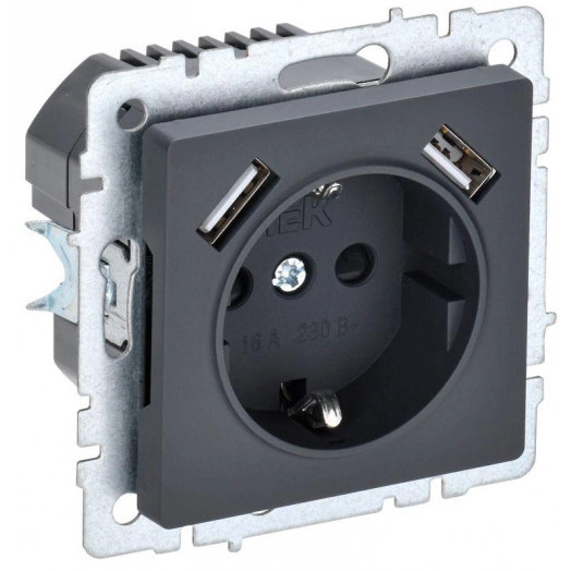 Розетка BRITE РЮш10-2-БрГ 16А с USB A+A 3.1А с заземл. защ. шторки графит IEK BR-R14-16-U21-D31-K53