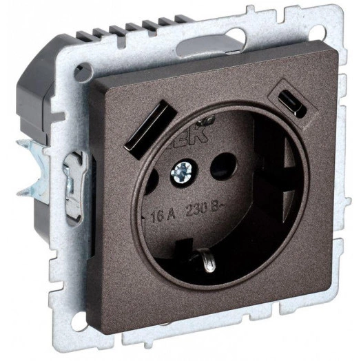 Розетка BRITE РЮш11-1-БрТБ 16А с USB A+C 18Вт с заземл. защ. шторки темн. бронза IEK BR-R14-16-U22-018-K45