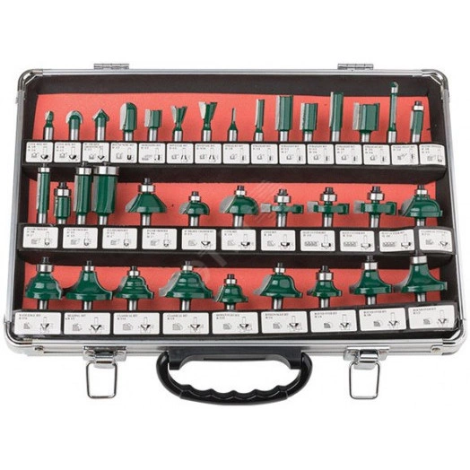 Фрезы по дереву кромочные, набор 35 шт, алюминиевый кейс, хвостовик 8 мм