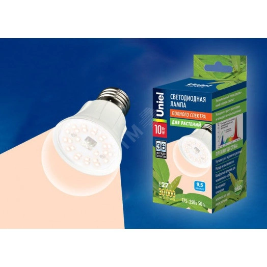 Лампа светодиодная для растений LED-A60-10W/SPFR/E27/CL PLP01WH спектр для фотосинтеза Форма A пластик Uniel