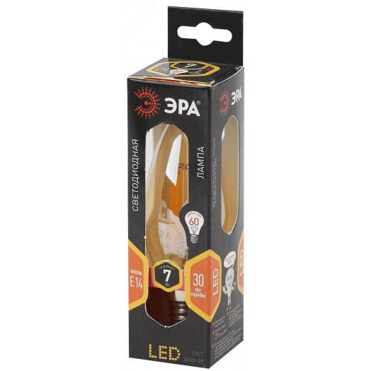 Лампа светодиодная филаментная F-LED B35-7W-827-E14 gold (филамент, свеча золот., 7Вт, тепл, E14 (10/100/2800) ЭРА