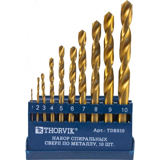 Набор спиральных сверл по металлу HSS TiN в пластиковом кейсе, d1.0-10.0 мм, 10 предметов