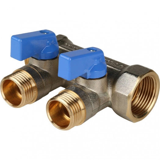 Коллектор с шаровыми кранами 3/4', 2 отвода 1/2' (синие ручки)